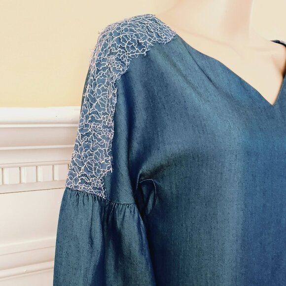 Massimo Dutti Blue Embroidered Top 8 V Neck Peasant Blouse - Picture 2 of 8